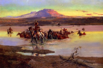 アメリカインディアン Painting - 馬の群れを渡る 1900年 チャールズ・マリオン・ラッセル アメリカ・インディアン